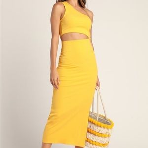 Lulus Spice Things Up Yellow Ribbed One Shoulder Cutout Midi Dress